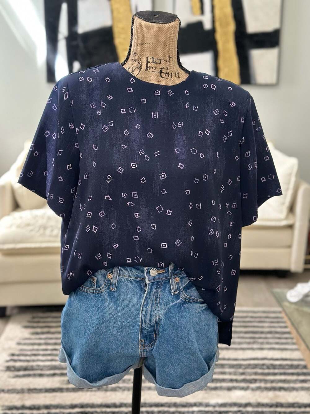 Tanjay Vintage Navy Blue Diamond Print Short Sleeve Blouse